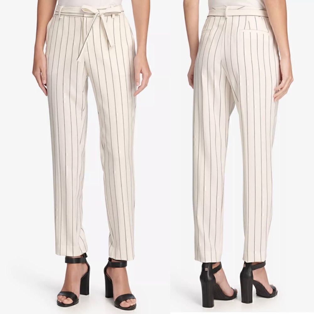 NWT DKNY 4P Essex Tie-Waist Pinstriped Ankle Pants - white black stripe